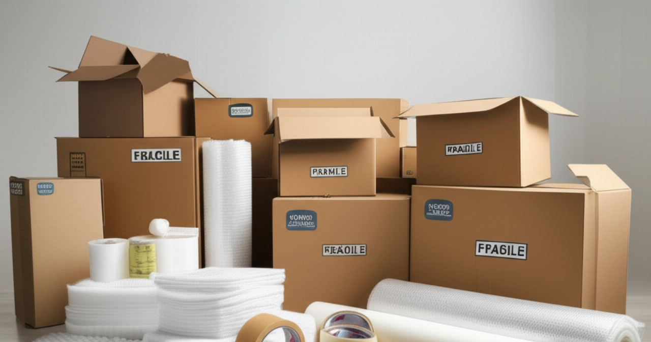 Un surtido bien organizado de cajas de cartón, plástico de burbujas, cinta adhesiva y otros materiales de embalaje para mudanzas.