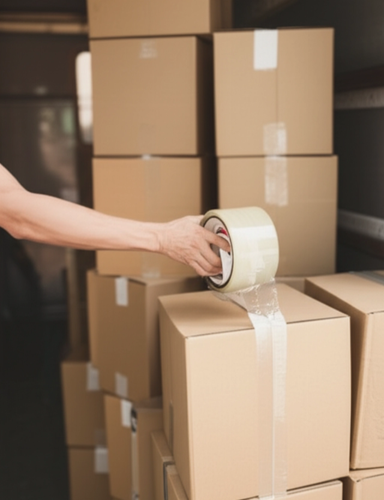 Pilas de cajas de mudanza cuidadosamente apiladas y etiquetadas, con una mano caucásica aplicando cinta adhesiva.