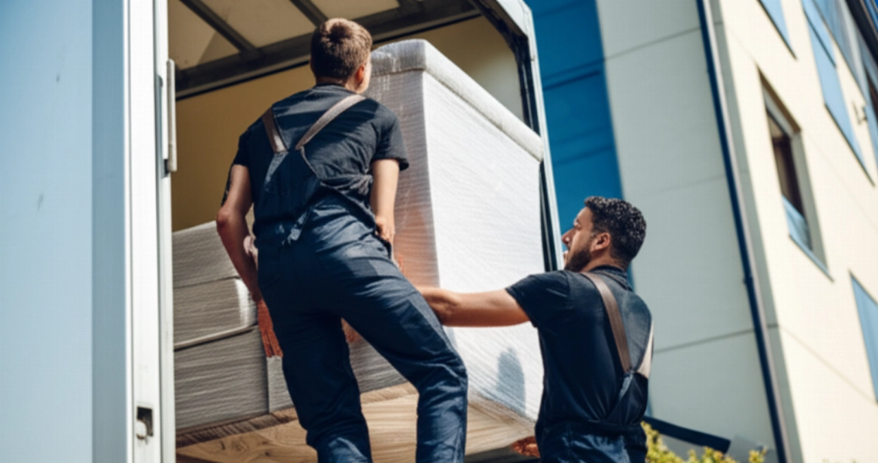 Dos mudanceros profesionales caucásicos cargan un mueble voluminoso en un camión de mudanzas moderno.