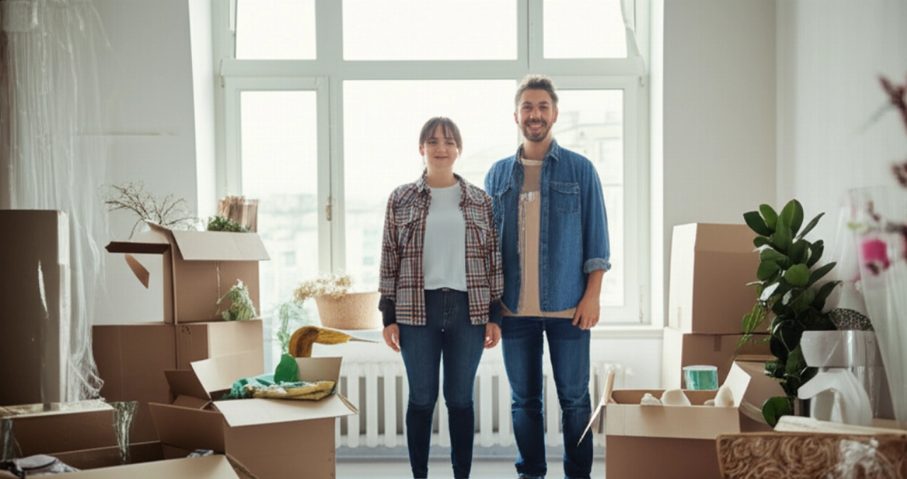 Pareja caucásica sonriente y relajada en su nuevo hogar, rodeada de cajas de mudanza parcialmente abiertas.