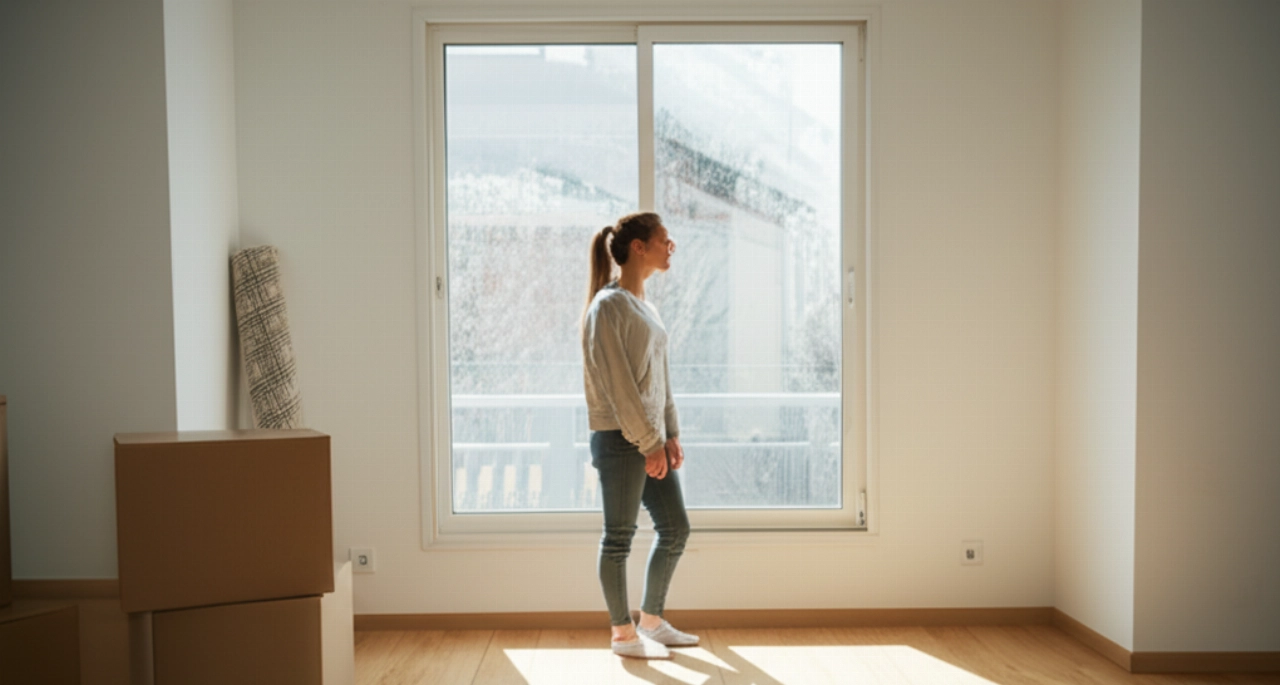 Joven mujer caucásica serena en una sala de estar luminosa y vacía de su nuevo hogar, con cajas de mudanza, reflejando la facilidad de la reubicación.