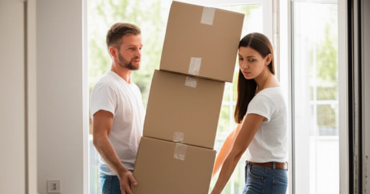 Dos personas caucásicas transportan una pila de cajas de mudanza a través de una puerta.