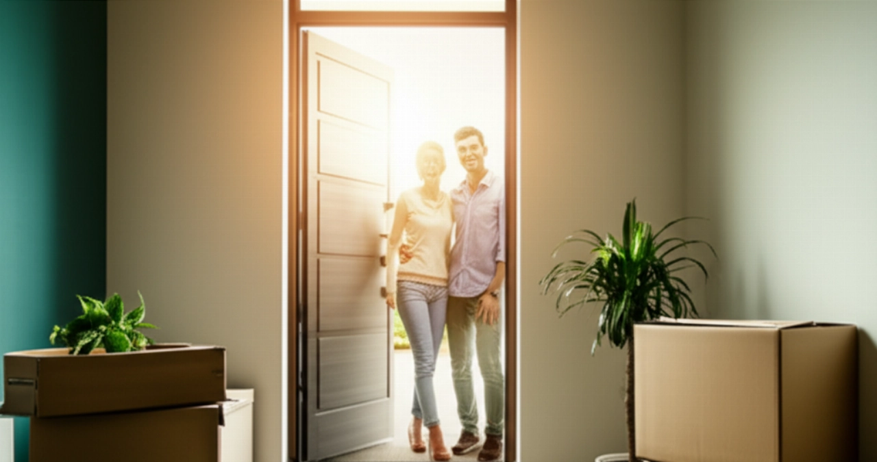 Una acogedora entrada de una nueva casa, iluminada por el sol, con algunas cajas de mudanza y una pareja caucásica sonriente que mira hacia adelante. La imagen evoca nuevos comienzos y una transición fluida.