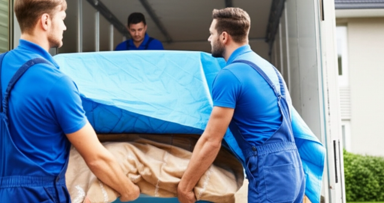 Un camión de mudanzas moderno y limpio estacionado frente a una casa, con dos mudanceros caucásicos profesionales que aseguran cuidadosamente un mueble. La imagen resalta la precisión y la fiabilidad.