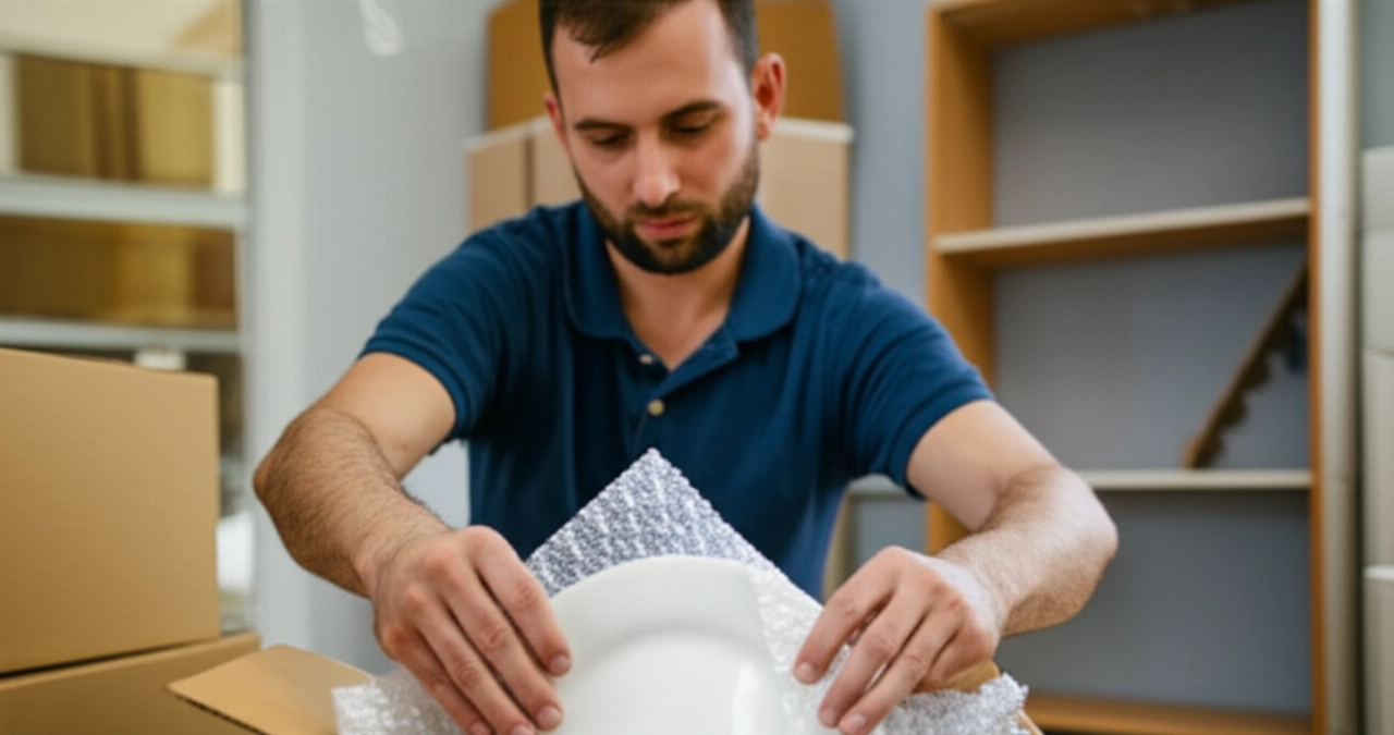Hombre caucásico empacando cuidadosamente un plato en una caja de mudanza.