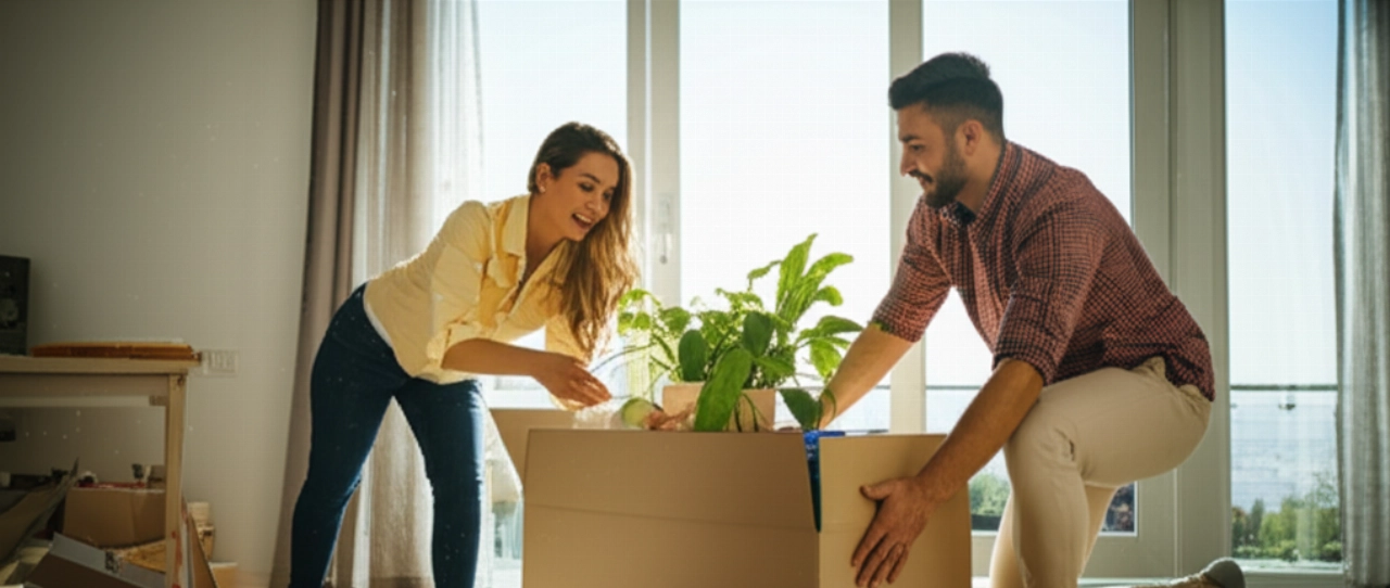 Pareja caucásica feliz desempacando una planta en una nueva sala de estar luminosa.