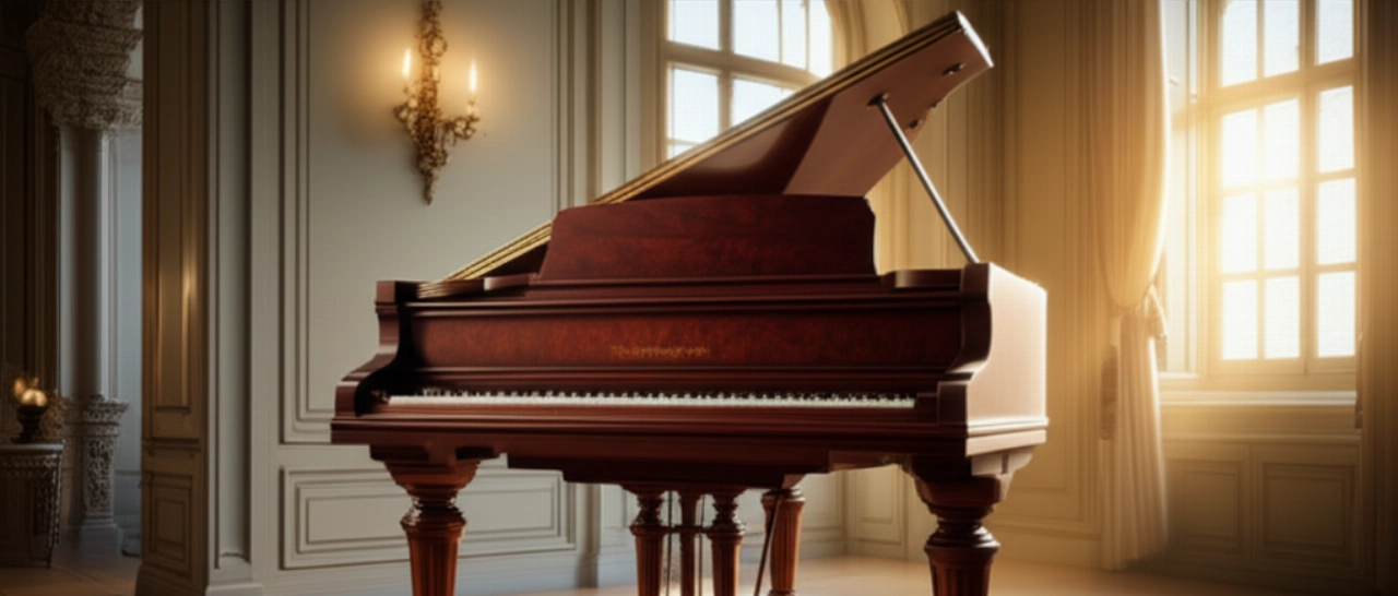 Un imponente piano vertical antiguo de caoba oscura en un salón clásico, destacando su presencia sólida y pesada.
