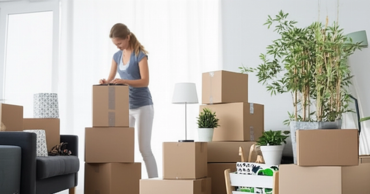Cajas de mudanza y objetos domésticos bien organizados en una sala de estar luminosa, con una mujer caucásica sonriente al fondo, que representa una mudanza pequeña y eficiente.
