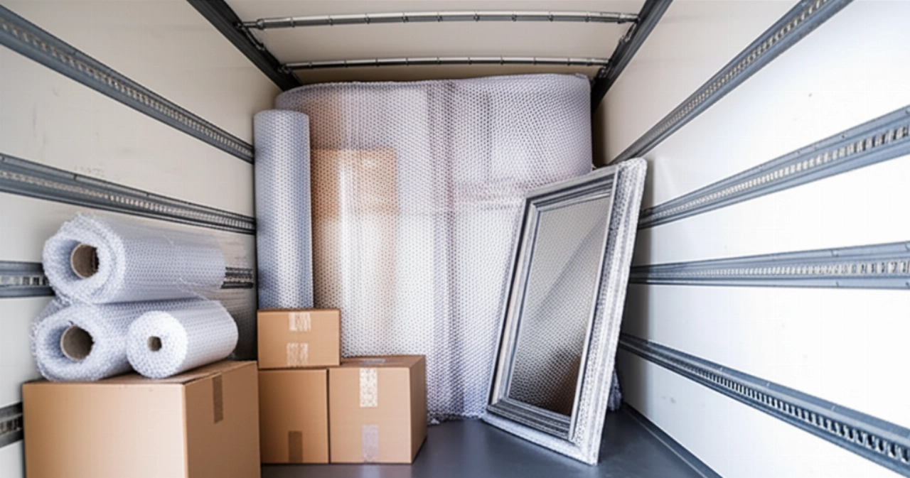 Interior de un camión de mudanzas o de un almacén, con cajas y objetos embalados en plástico de burbujas.