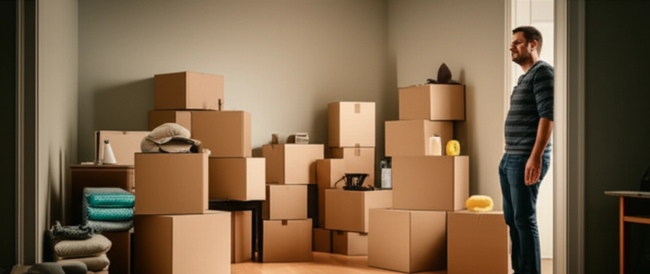 Hombre caucásico observa con satisfacción una pila de cajas de mudanza etiquetadas en una habitación casi vacía.