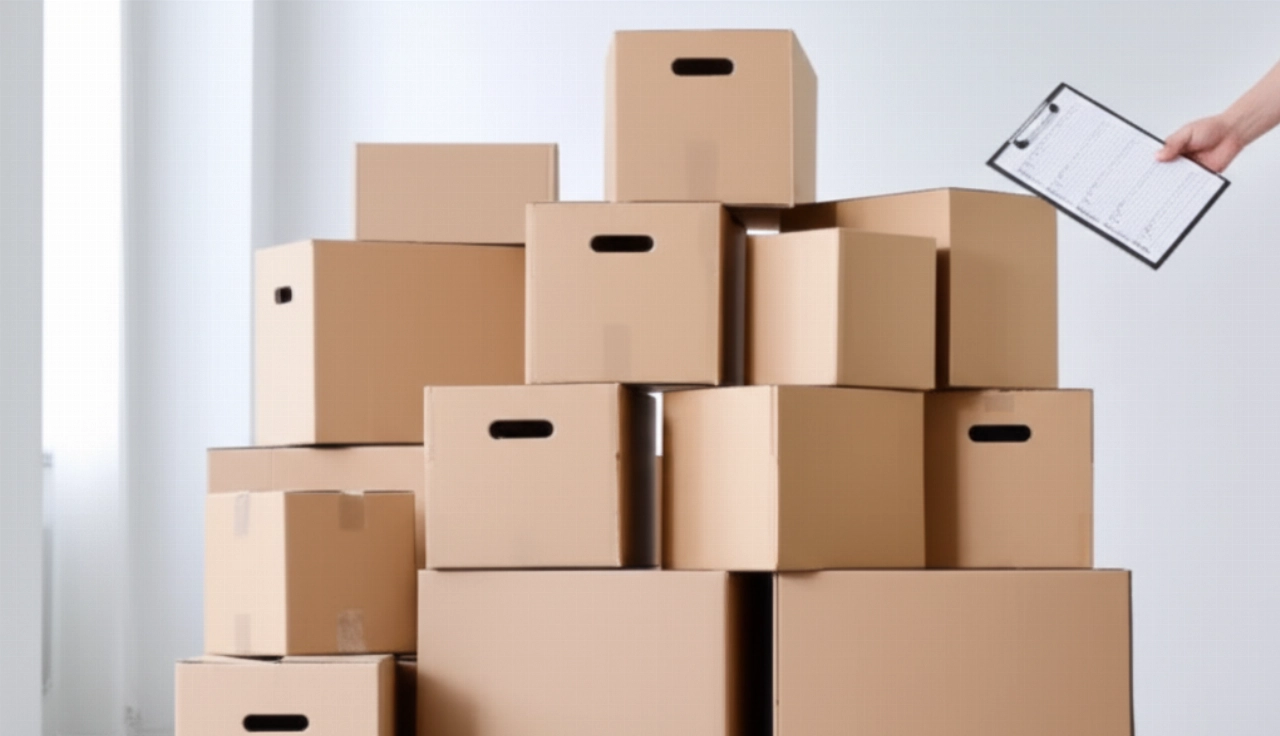 Pilas ordenadas de cajas de mudanza nuevas en una habitación luminosa, con una mano caucásica sosteniendo una lista de verificación, representando la preparación y la organización.
