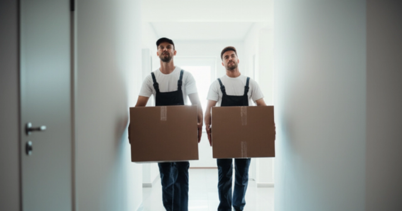 Dos mudanceros caucásicos profesionales transportando cuidadosamente una caja en el pasillo de un apartamento moderno, simbolizando eficiencia y cuidado.