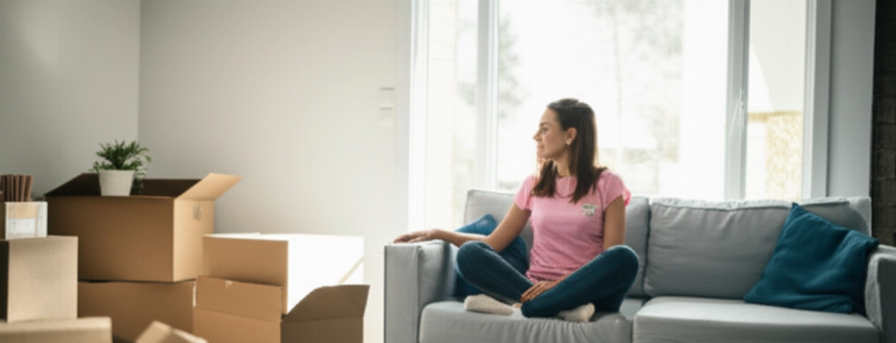 Mujer caucásica sonriente y relajada en el sofá de su nueva sala de estar soleada, con algunas cajas de mudanza, simbolizando un nuevo comienzo sin estrés.