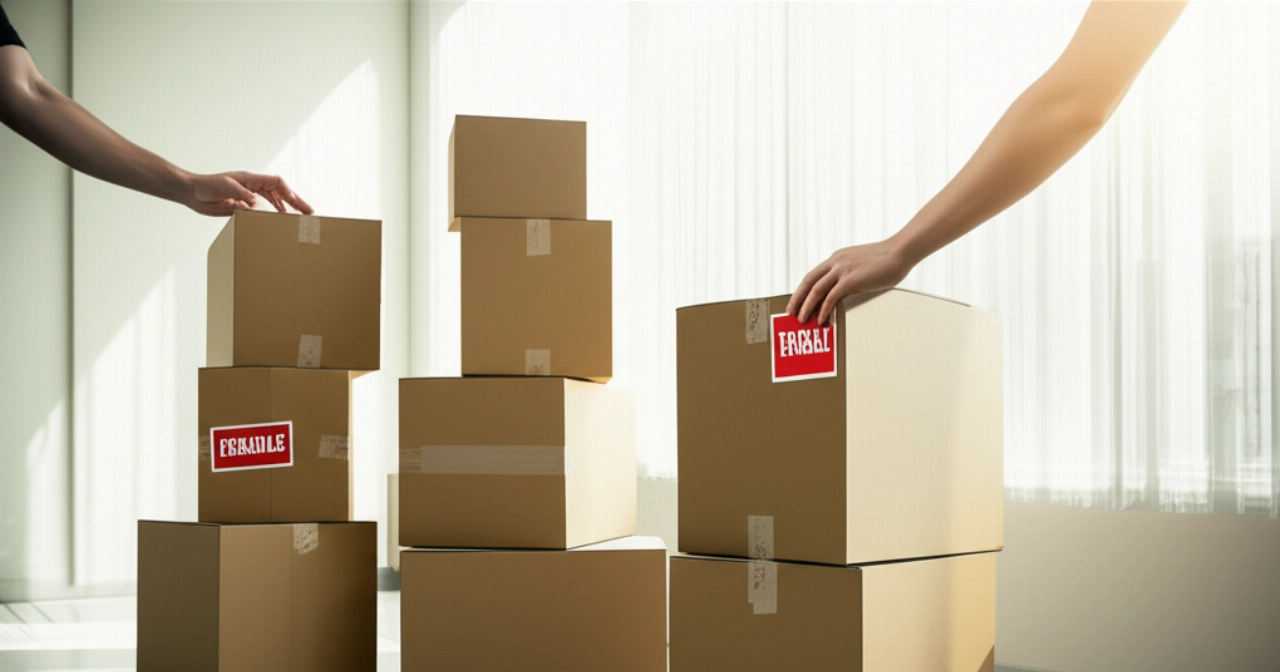 Cajas de mudanza organizadas y etiquetadas en una sala de estar moderna y luminosa.