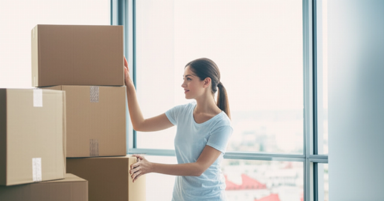 Mujer caucásica serena en una habitación luminosa con cajas de mudanza, simbolizando la fácil planificación de una mudanza online.