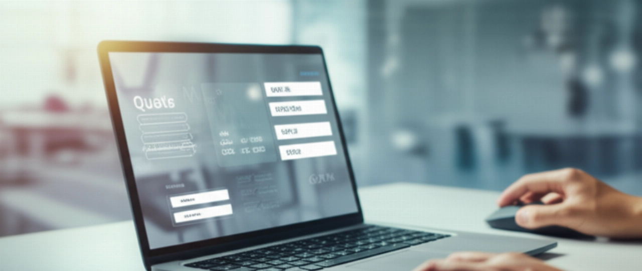 Pantalla de portátil moderna con interfaz de presupuesto de mudanza online, mano caucásica en el ratón, sobre un escritorio minimalista.