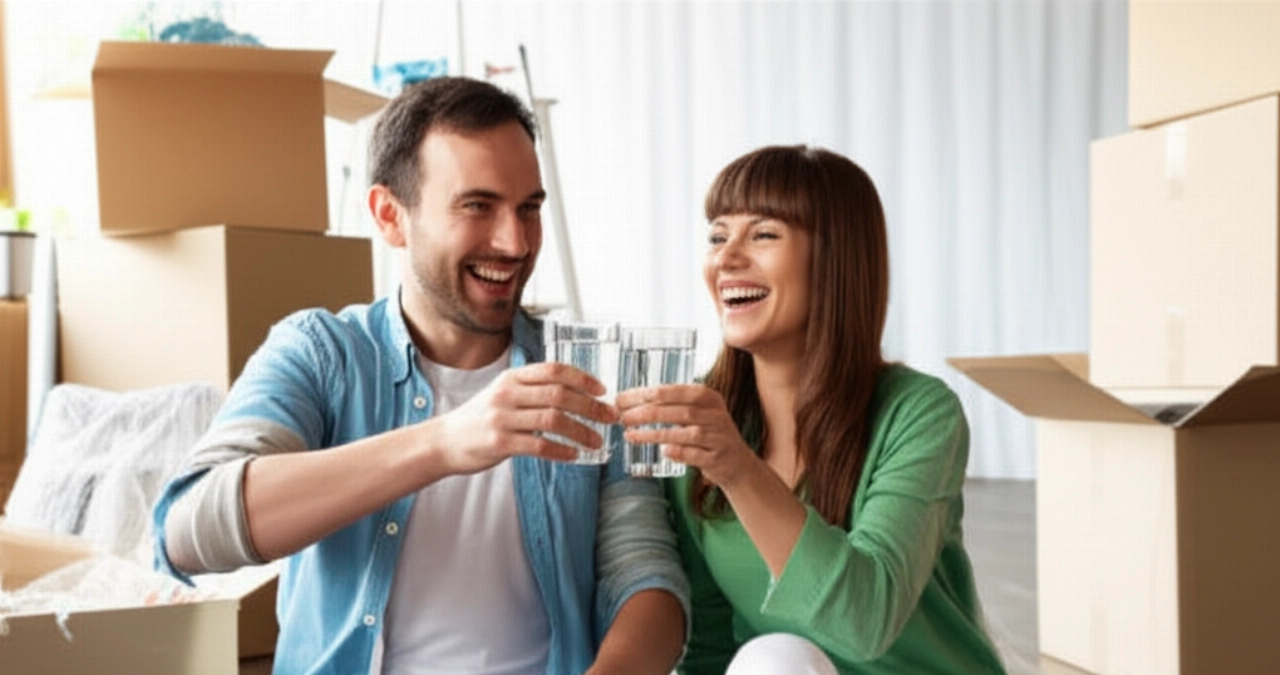 Feliz pareja caucásica celebrando el éxito de la mudanza en su nueva sala de estar, con cajas de mudanza al fondo.
