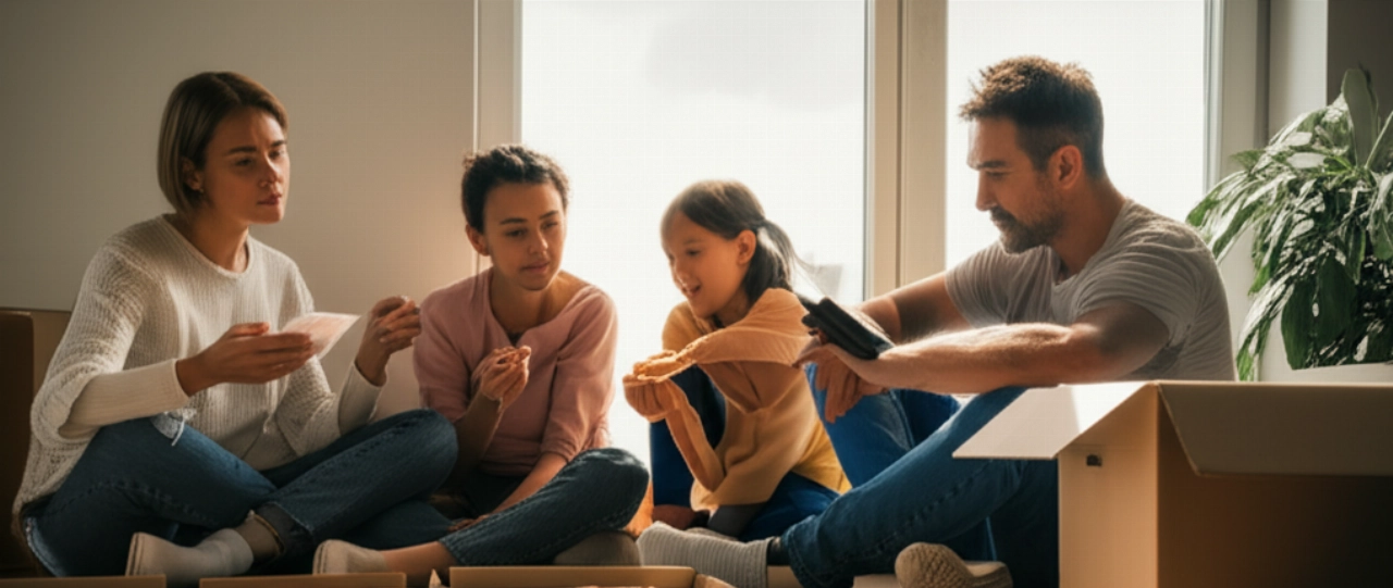 Una familia caucásica se relaja en el suelo de su nuevo apartamento casi vacío, inundado de luz solar, un momento de alivio después de la mudanza y sus gastos.