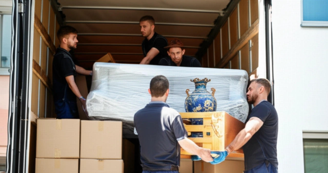 Mudanceros caucásicos profesionales cargan cuidadosamente varios objetos, incluyendo muebles y cajas, en un camión.
