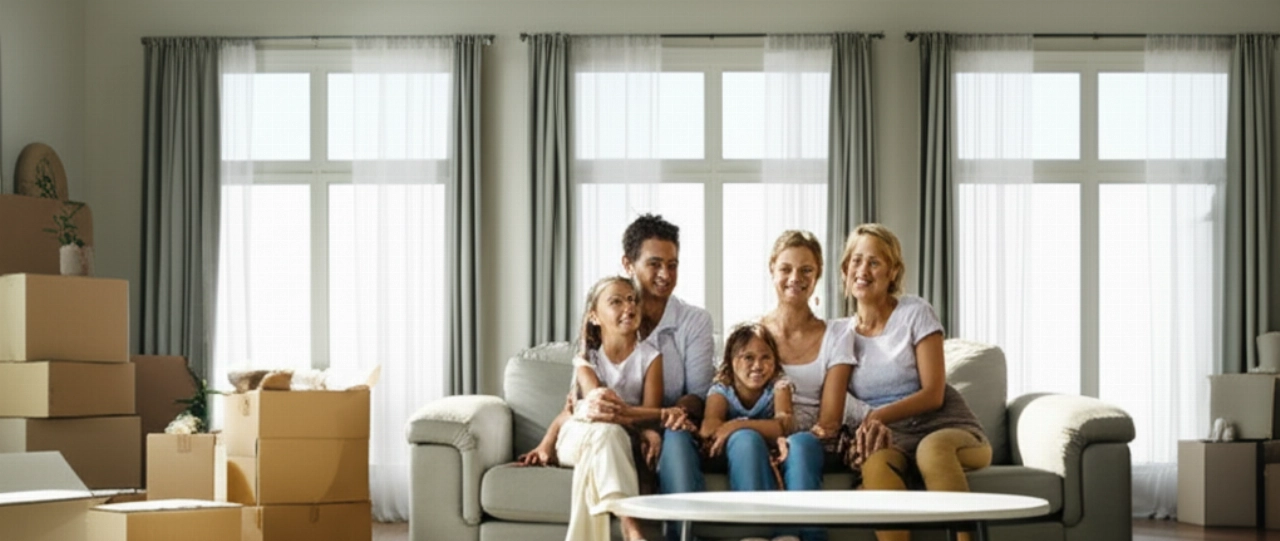 Una familia caucásica sonríe y se relaja en su nueva sala de estar, parcialmente desempacada.