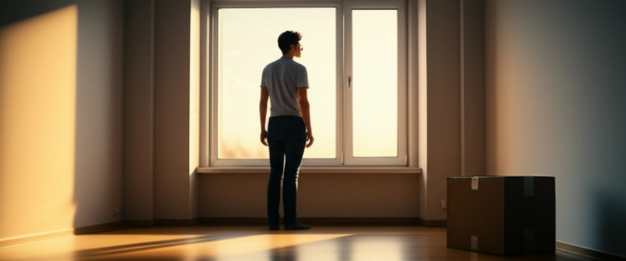Persona caucásica en un apartamento vacío, mirando por la ventana, simbolizando un nuevo comienzo después de la mudanza.