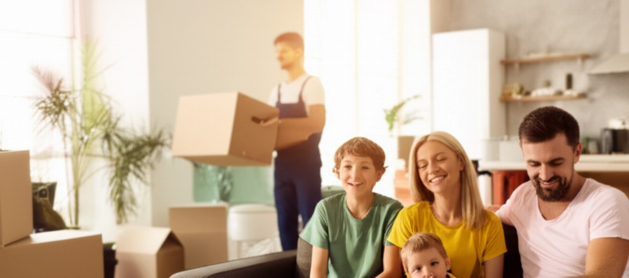 Una familia feliz se relaja en su nuevo hogar después de una mudanza completada por profesionales.