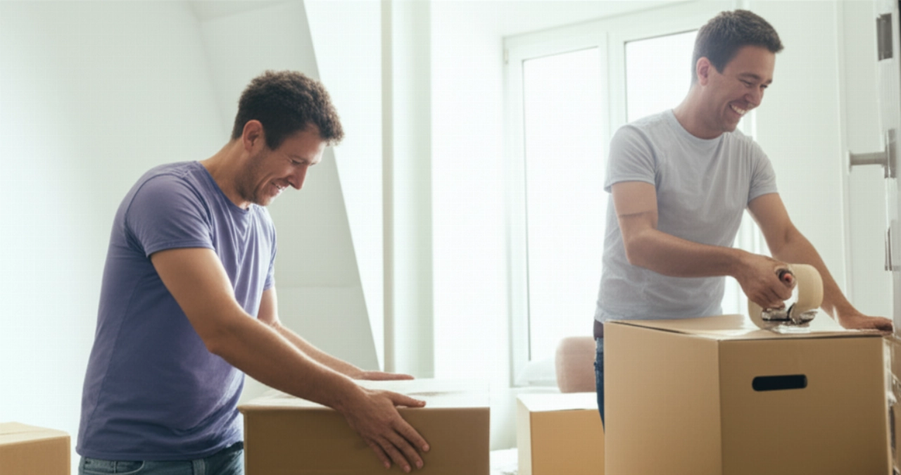 Pareja caucásica sonriente empacando fácilmente objetos personales en cajas económicas en un dormitorio luminoso.