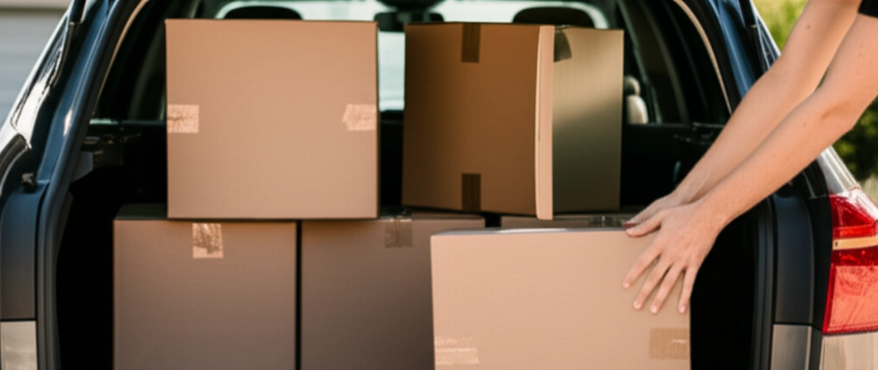 Cajas de mudanza económicas cargadas ordenadamente en el maletero de un coche, listas para el transporte.