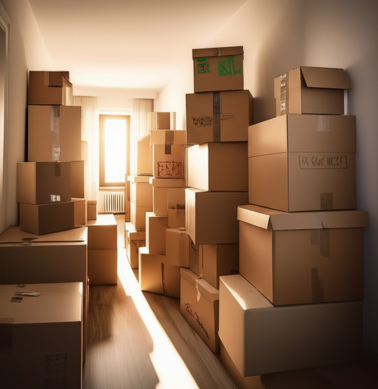 Pasillo lleno de cajas de mudanza apiladas, iluminado por la luz natural.