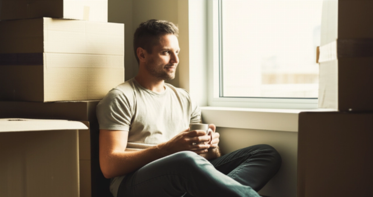 Hombre caucásico relajándose en un nuevo apartamento, rodeado de cajas de mudanza.