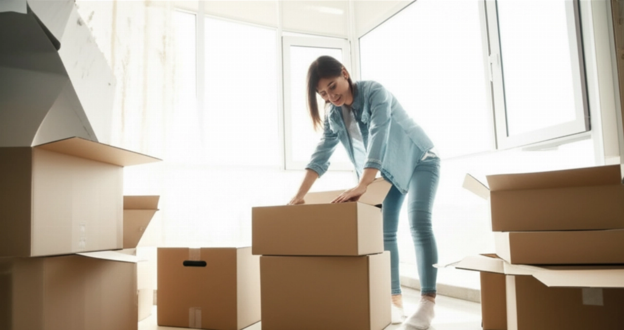 Mujer caucásica sonriente en una sala de estar luminosa, rodeada de cajas de mudanza nuevas y vacías, lista para empacar.