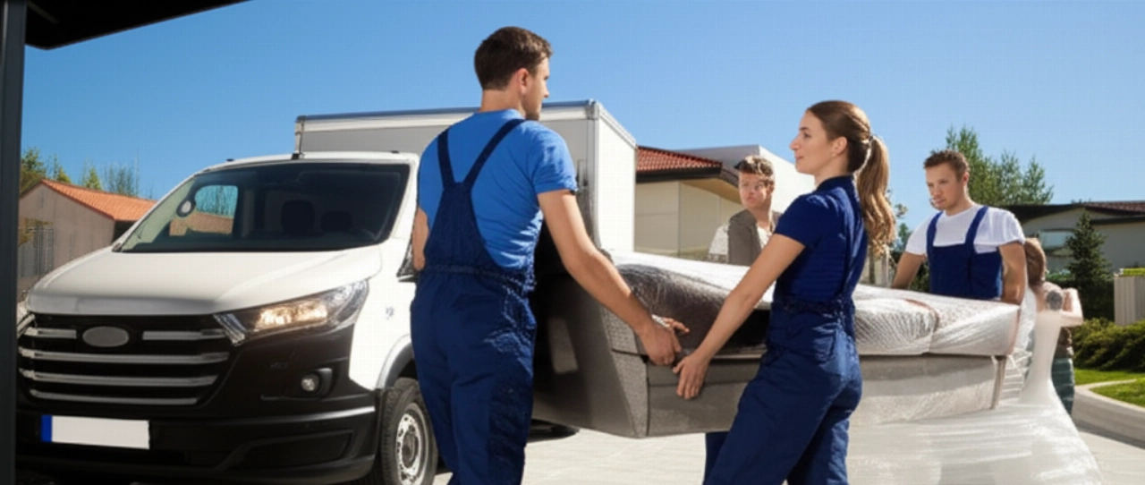 Dos mudanceros caucásicos, un hombre y una mujer, transportan con pericia un sofá grande desde una casa moderna hacia un camión de mudanzas.