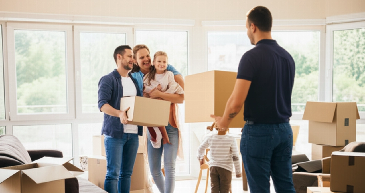 Una familia caucásica feliz y un mudancero sonriente en una nueva sala de estar soleada, con cajas parcialmente desempacadas, simbolizando una mudanza completada.