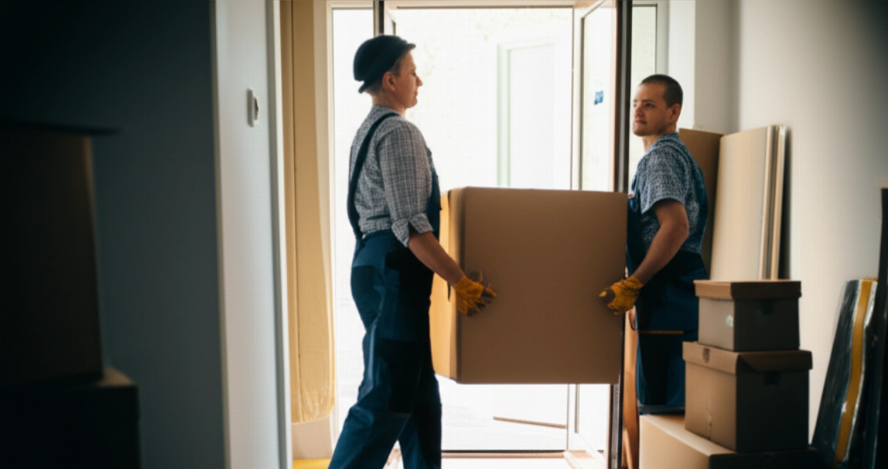 Dos operarios caucásicos desalojando una casa, transportando cajas vacías con cuidado.