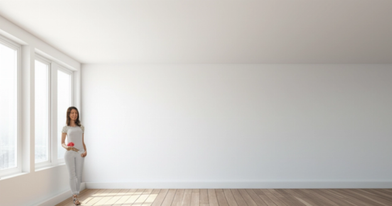 Habitación vacía, limpia y luminosa después del desalojo, con una mujer caucásica admirando el espacio.