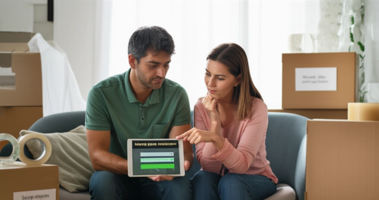 Una pareja caucásica planifica su mudanza consultando una simulación de presupuesto en una tableta, rodeados de cajas.