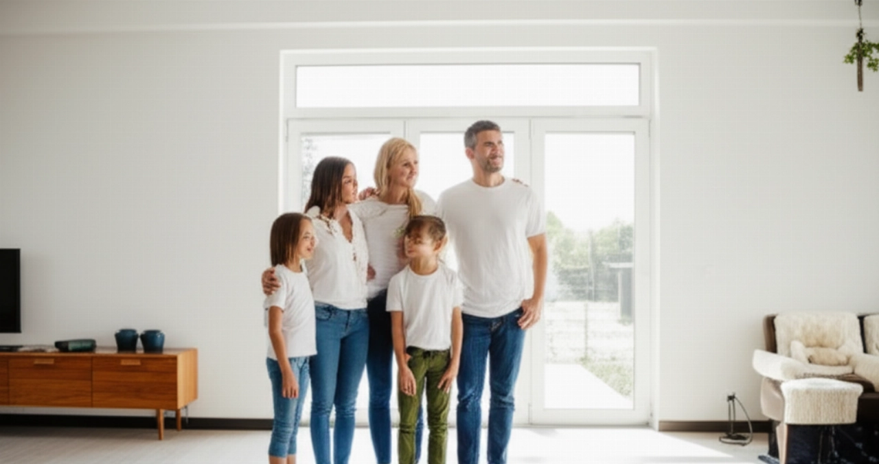 Una familia caucásica feliz y relajada en un nuevo y espacioso salón, símbolo de una mudanza exitosa.