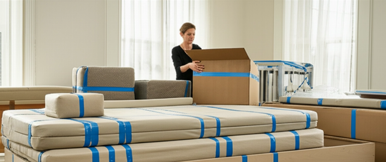 Componentes de muebles cuidadosamente desmontados y embalados, listos para el transporte en una habitación espaciosa y limpia.