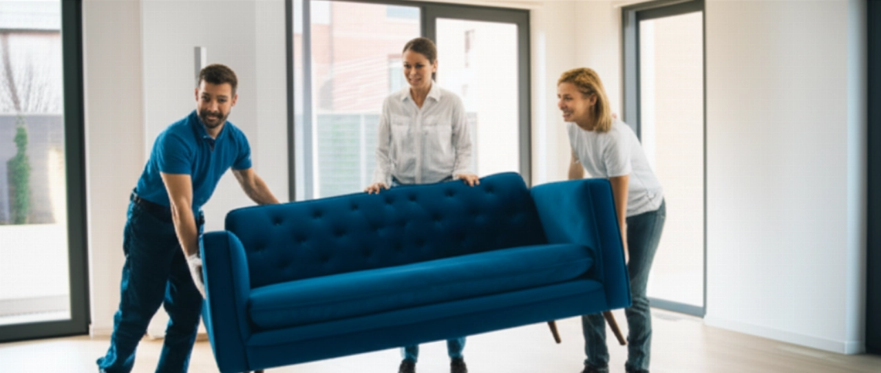 Elegante sofá de terciopelo azul entregado en una sala de estar moderna y luminosa por dos repartidores caucásicos, con una clienta satisfecha.