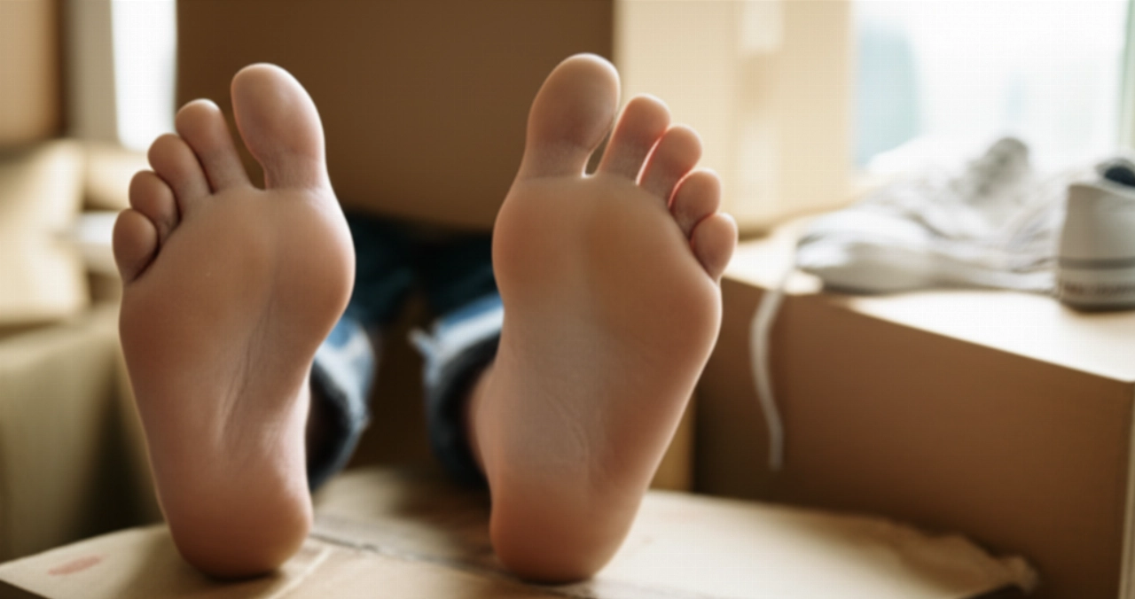 Primer plano de pies cansados y polvorientos descansando sobre cajas de mudanza, símbolo de la fatiga física post-mudanza.