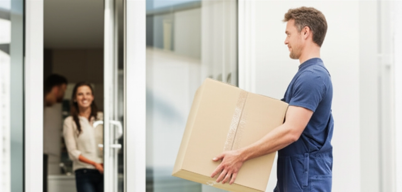 Mudancero profesional caucásico transportando una caja a una casa moderna, simbolizando eficiencia.