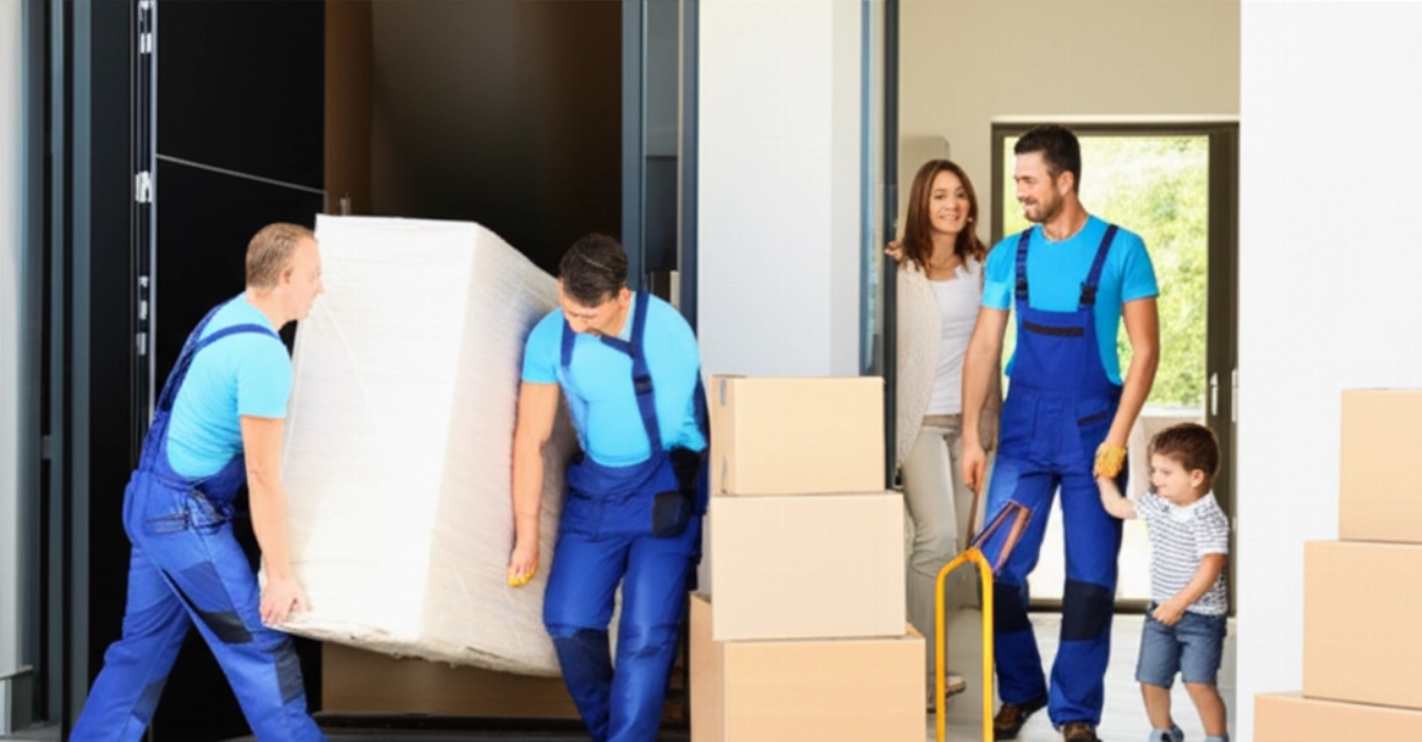 Dos mudanceros caucásicos transportan con cuidado un mueble, observados por una familia caucásica sonriente, en una escena que transmite eficiencia.