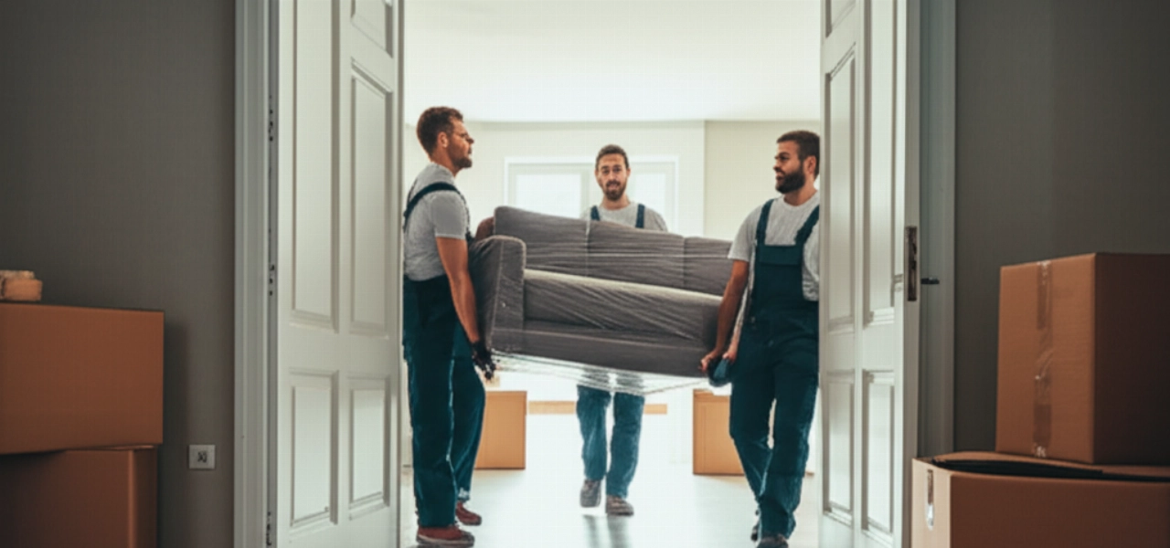 Tres mudanceros caucásicos profesionales transportan con cuidado un mueble grande a través de la puerta de un apartamento.