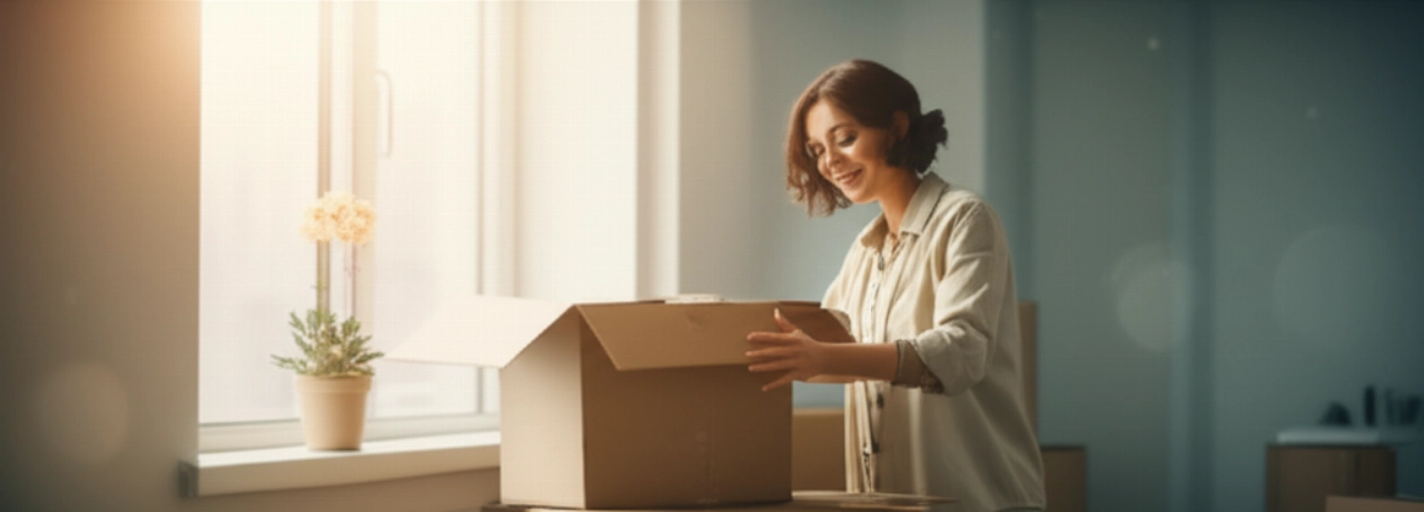 Una mujer caucásica desempaca cajas en un nuevo apartamento luminoso y minimalista, simbolizando un nuevo comienzo.