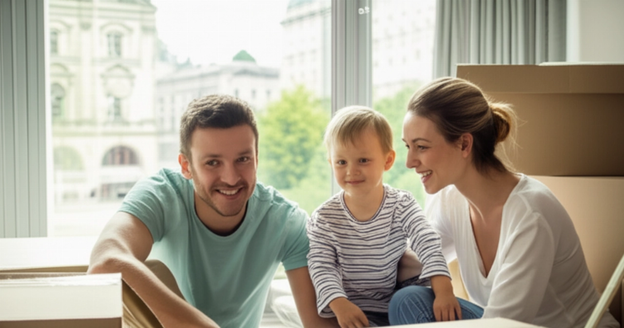 Una familia caucásica sonriente en su nuevo hogar en Austria, rodeada de cajas, con vistas a una ciudad austriaca desde la ventana.
