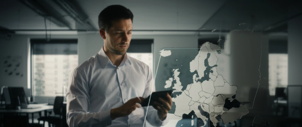 Un experto en logística caucásico examina un mapa digital de Europa con Austria resaltada, en una oficina moderna.