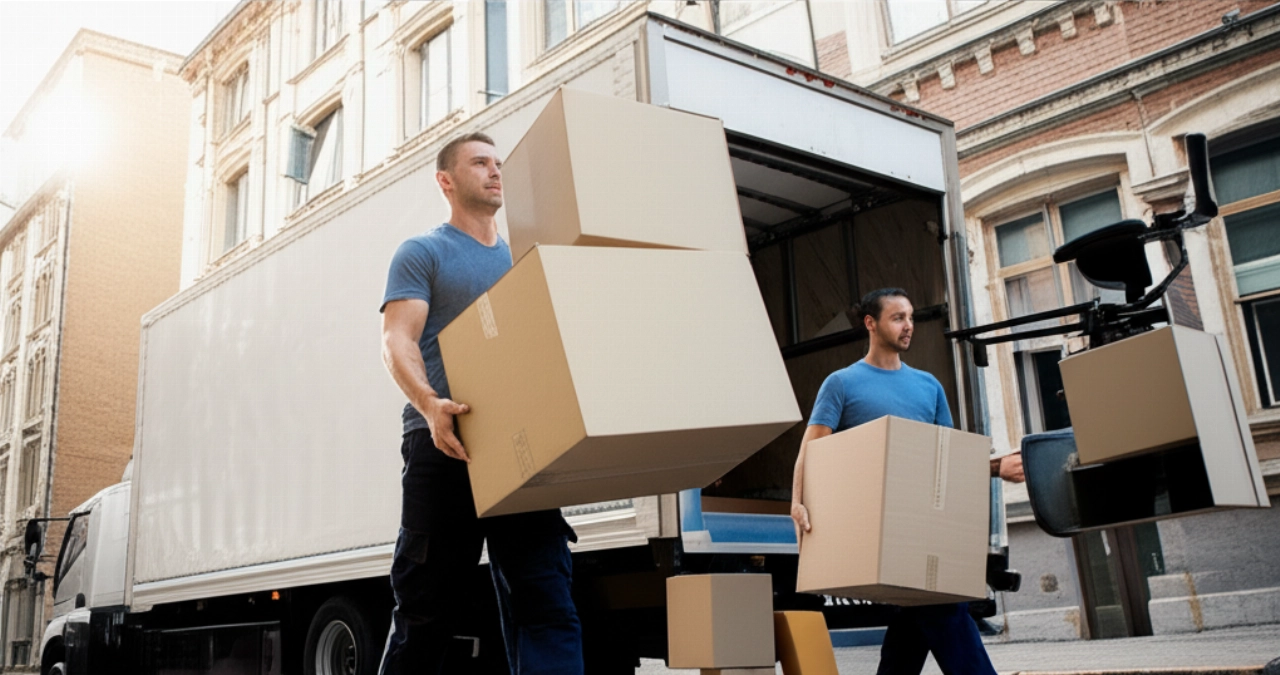 Imagen hiperrealista de mudanceros profesionales caucásicos transportando eficientemente cajas y muebles fuera de un edificio de oficinas, destacando una reubicación corporativa sin problemas.
