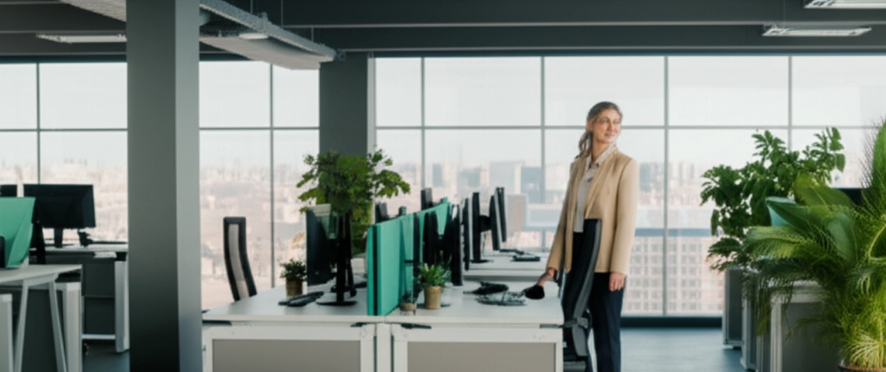 Imagen hiperrealista de una nueva oficina corporativa moderna y luminosa, con una empleada caucásica sonriente, que simboliza una reubicación corporativa exitosa y un nuevo comienzo.