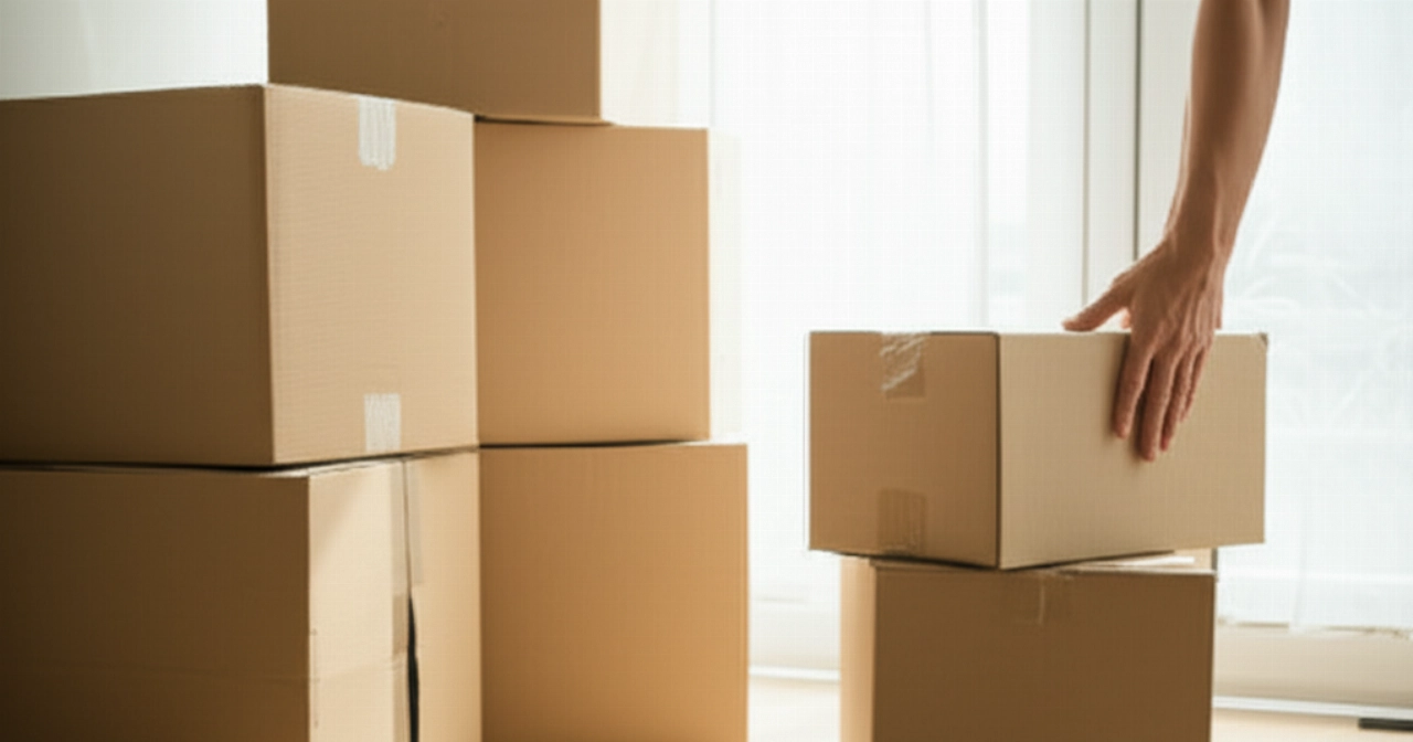 Cajas de mudanza perfectamente apiladas y organizadas en una habitación luminosa, con una mano caucásica colocando el último objeto, simbolizando eficiencia y una mudanza de bajo costo.