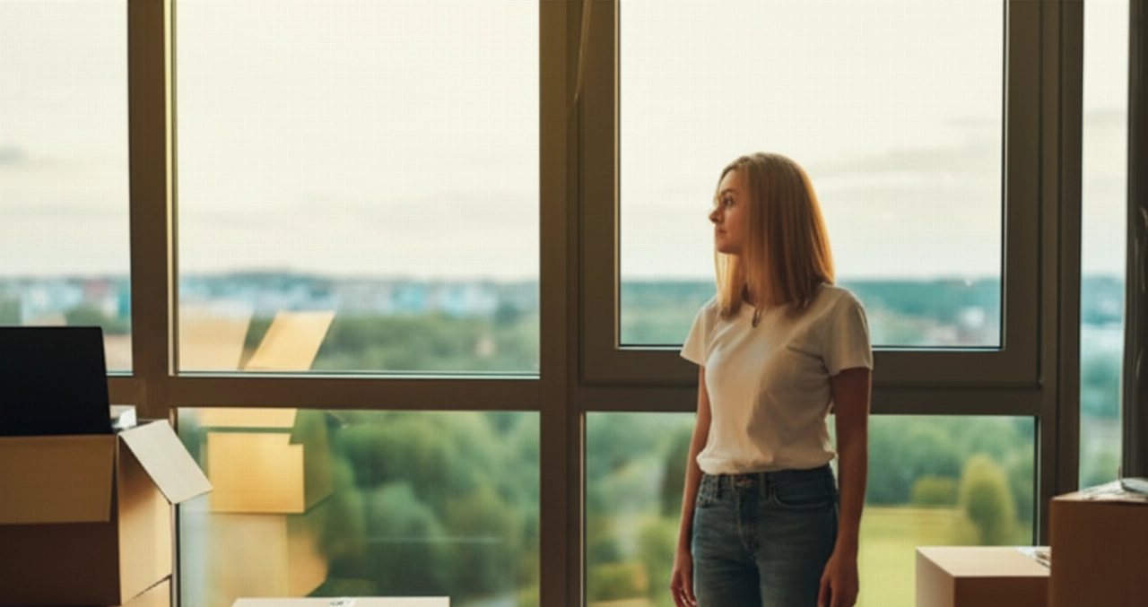 Mujer caucásica pensativa asomada a una ventana en un nuevo apartamento, con cajas de mudanza al fondo, evocando paz y nuevos comienzos después de una mudanza de bajo costo.
